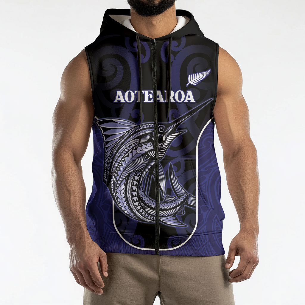 Personalised New Zealand Aotearoa Sleeveless Zip Hoodie Blue Marlin Fishing Maori Pattern LT05 - Polynesian Pride