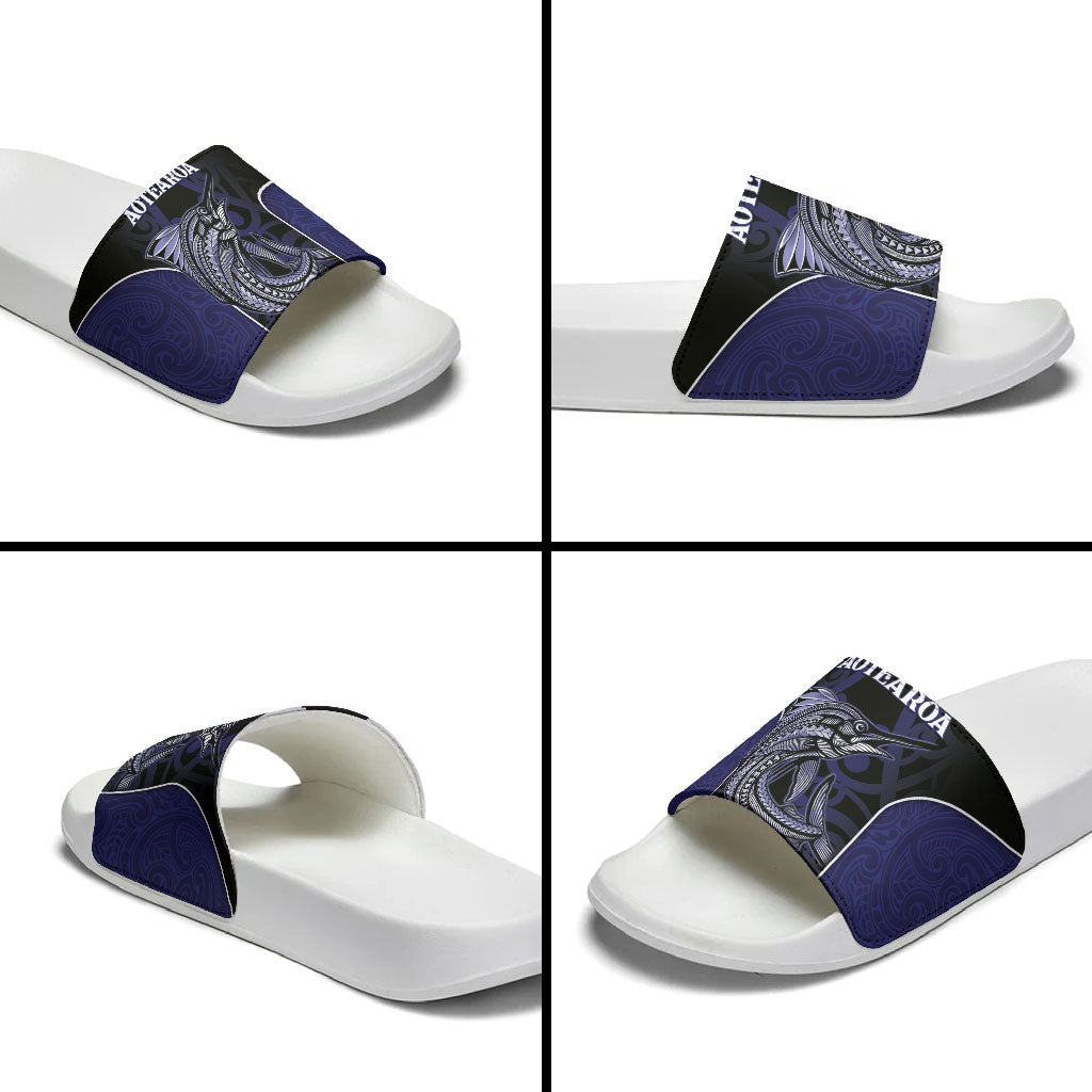 New Zealand Aotearoa Slide Sandals Blue Marlin Fishing Maori Pattern