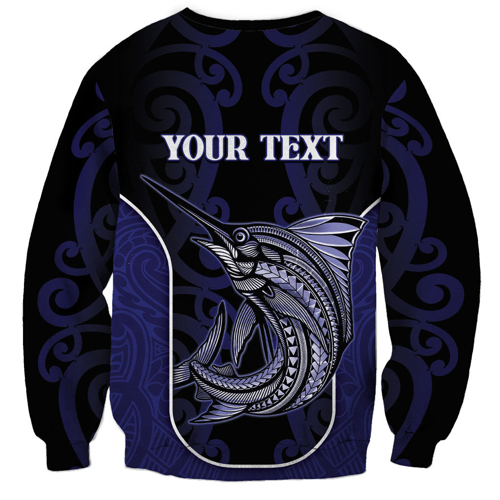 Personalised New Zealand Aotearoa Sweatshirt Blue Marlin Fishing Maori Pattern