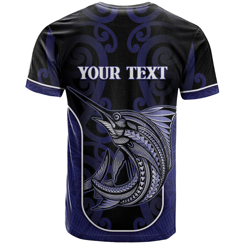 Personalised New Zealand Aotearoa T Shirt Blue Marlin Fishing Maori Pattern