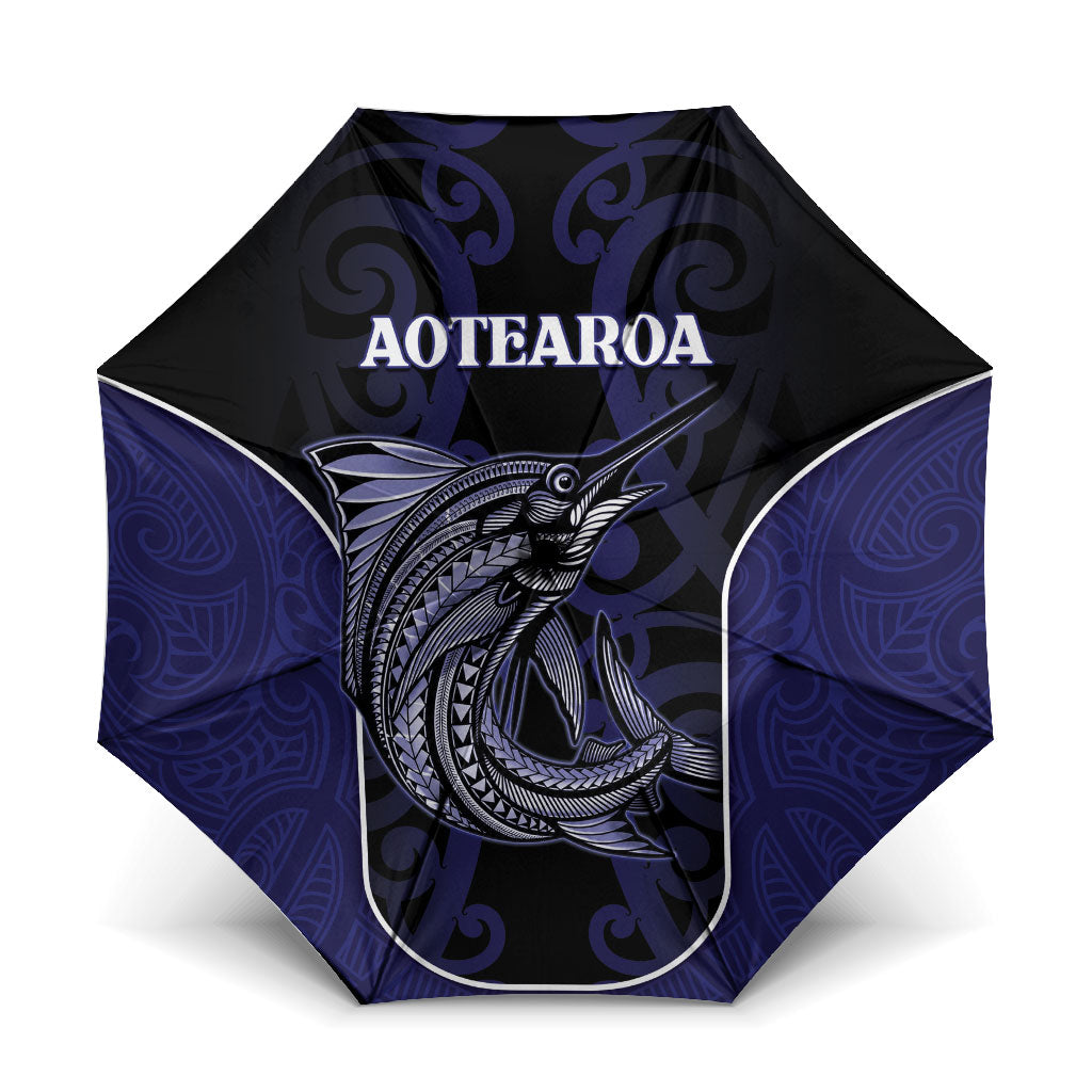 New Zealand Aotearoa Umbrella Blue Marlin Fishing Maori Pattern LT05 One Size Folded 11.42 inch Opened Diameter 37.4 inch Black - Polynesian Pride