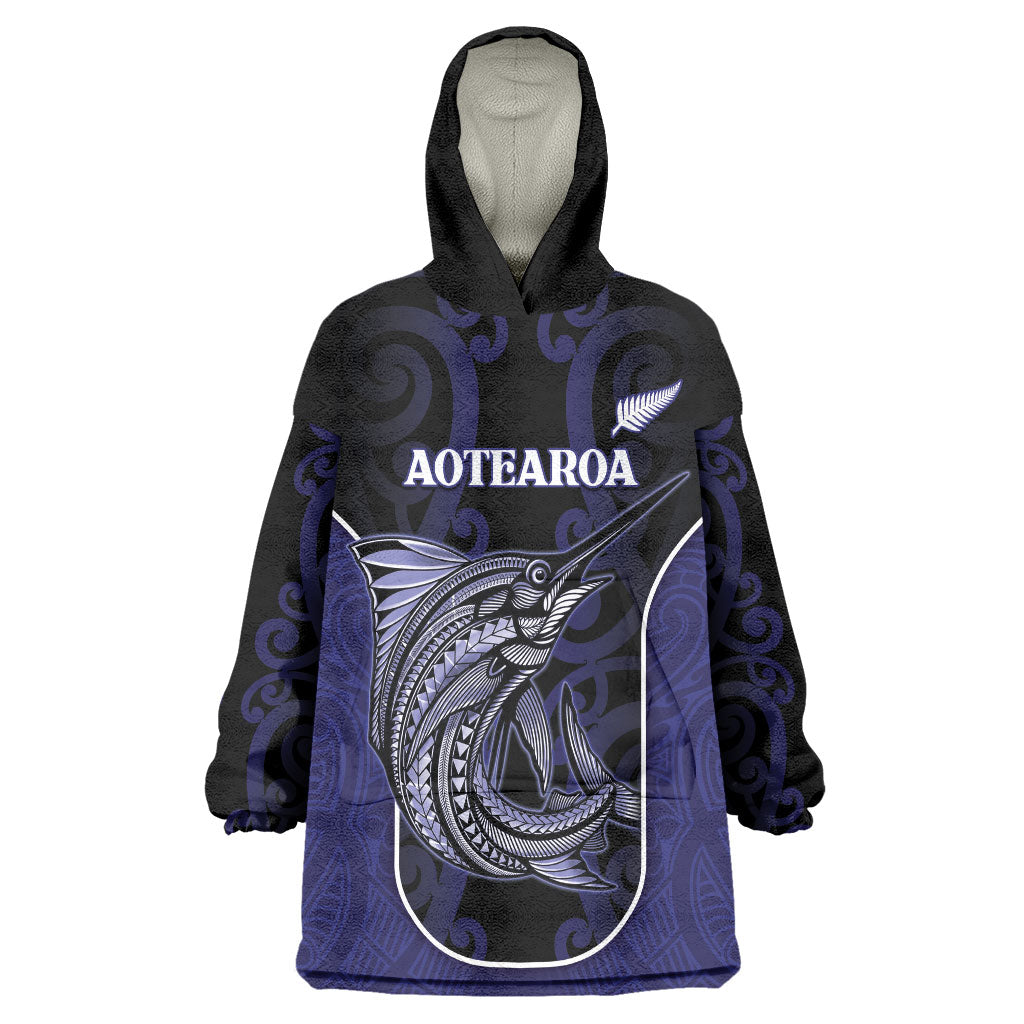 Personalised New Zealand Aotearoa Wearable Blanket Hoodie Blue Marlin Fishing Maori Pattern LT05 One Size Black - Polynesian Pride