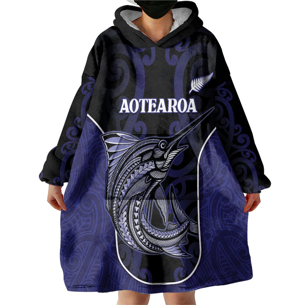 Personalised New Zealand Aotearoa Wearable Blanket Hoodie Blue Marlin Fishing Maori Pattern LT05 - Polynesian Pride