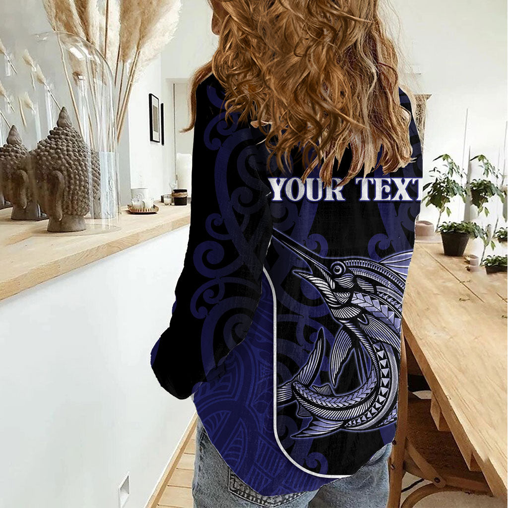 Personalised New Zealand Aotearoa Women Casual Shirt Blue Marlin Fishing Maori Pattern LT05 - Polynesian Pride
