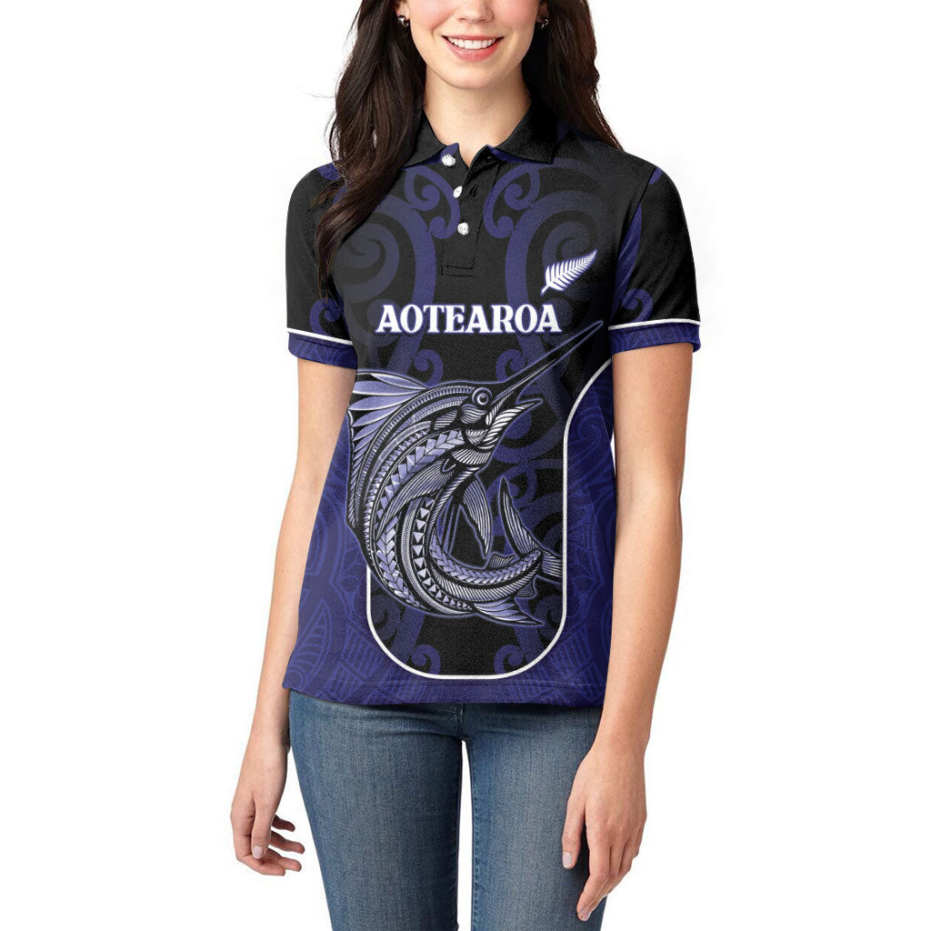 Personalised New Zealand Aotearoa Women Polo Shirt Blue Marlin Fishing Maori Pattern LT05 - Polynesian Pride