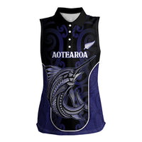 Personalised New Zealand Aotearoa Women Sleeveless Polo Shirt Blue Marlin Fishing Maori Pattern