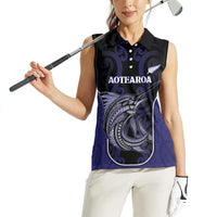 Personalised New Zealand Aotearoa Women Sleeveless Polo Shirt Blue Marlin Fishing Maori Pattern