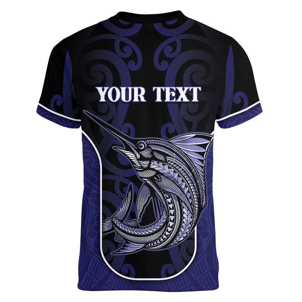 Personalised New Zealand Aotearoa Women V-Neck T-Shirt Blue Marlin Fishing Maori Pattern LT05 - Polynesian Pride