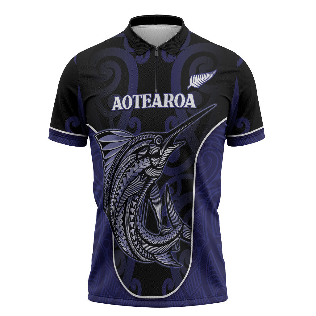 Personalised New Zealand Aotearoa Zipper Polo Shirt Blue Marlin Fishing Maori Pattern LT05 Black - Polynesian Pride