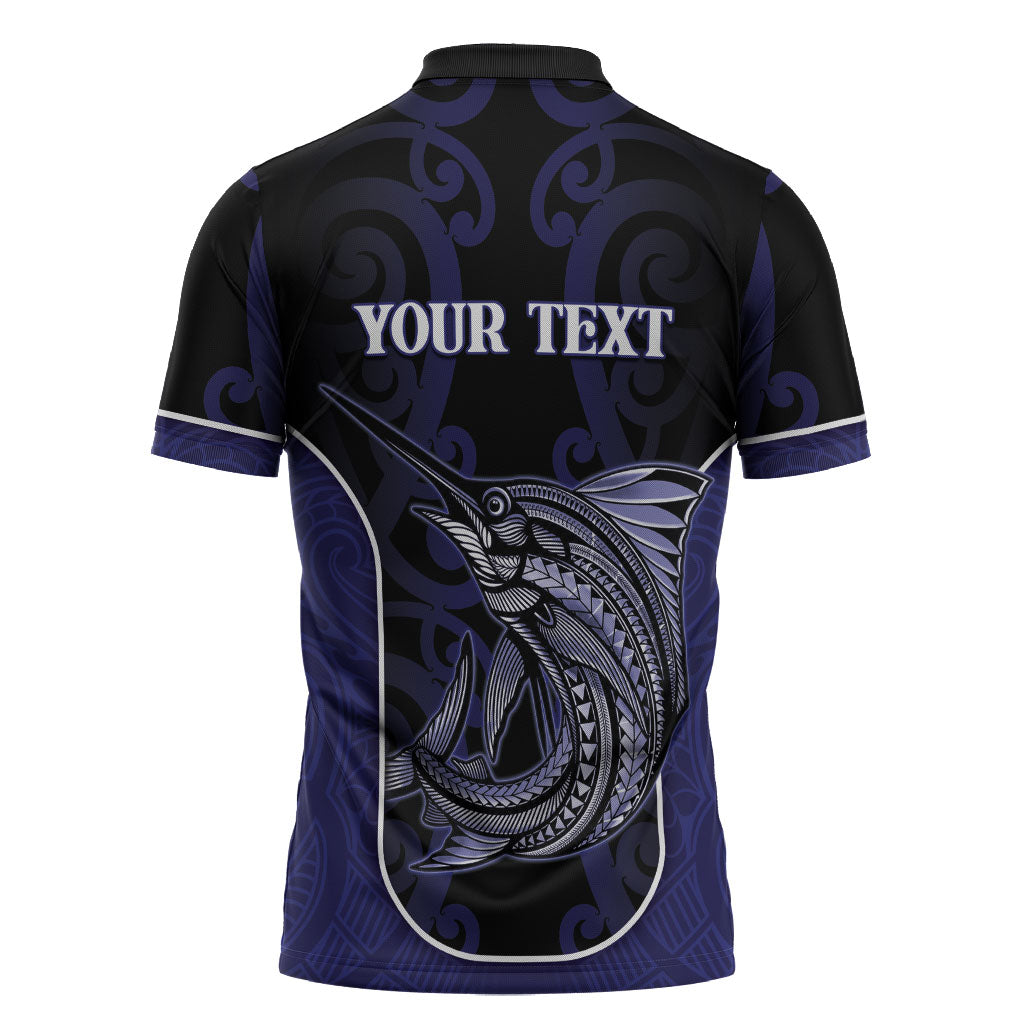 Personalised New Zealand Aotearoa Zipper Polo Shirt Blue Marlin Fishing Maori Pattern LT05 - Polynesian Pride