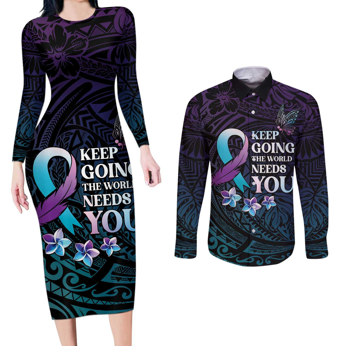 Polynesia Suicide Prevention Awareness Couples Matching Long Sleeve Bodycon Dress and Long Sleeve Button Shirt Keep Going The World Needs You