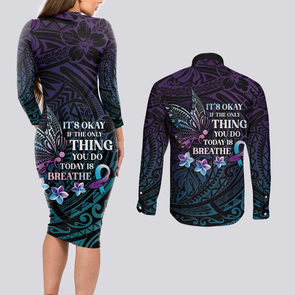 Polynesia Suicide Prevention Awareness Couples Matching Long Sleeve Bodycon Dress and Long Sleeve Button Shirt Keep Going The World Needs You