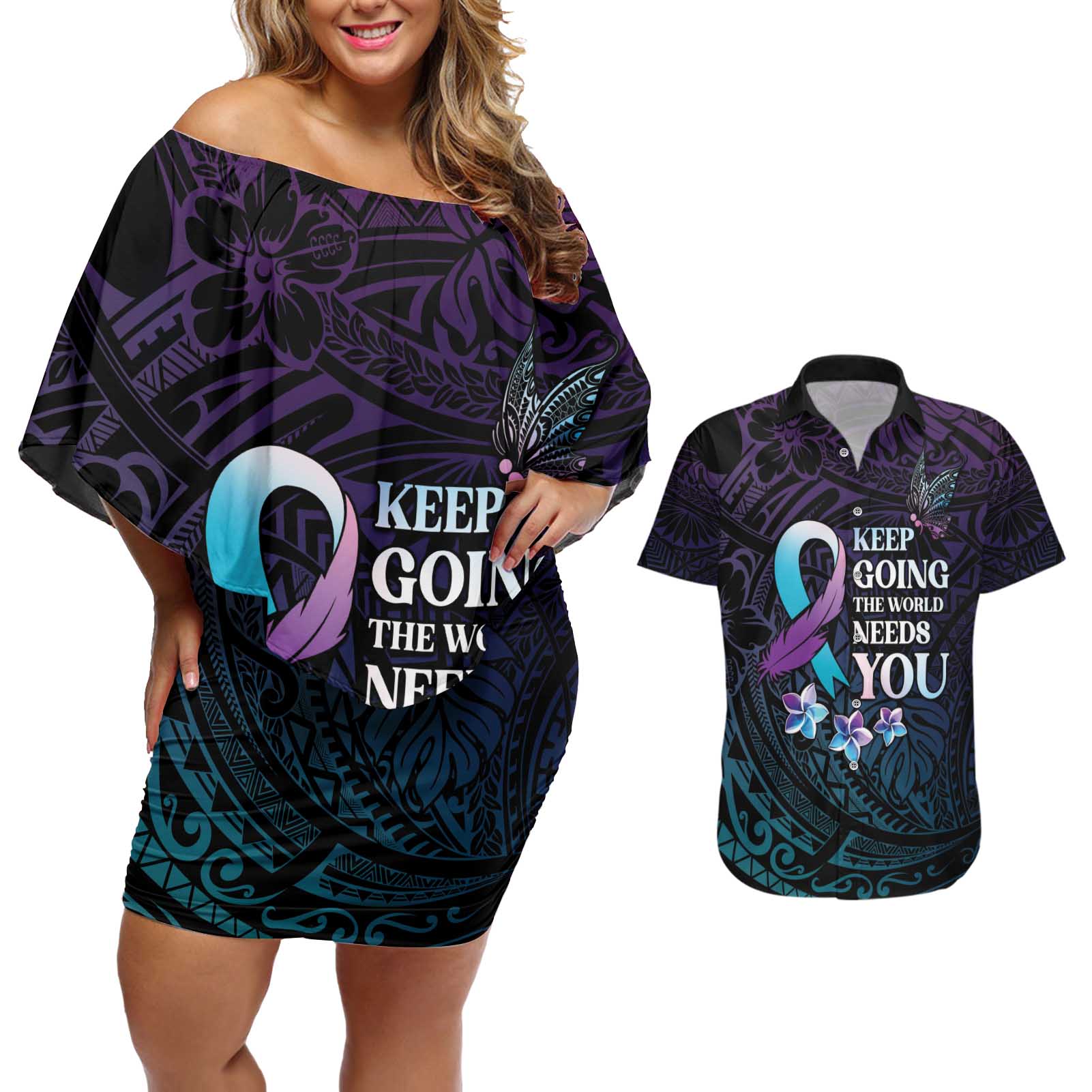 Polynesia Suicide Prevention Awareness Couples Matching Off Shoulder Short Dress and Hawaiian Shirt Keep Going The World Needs You