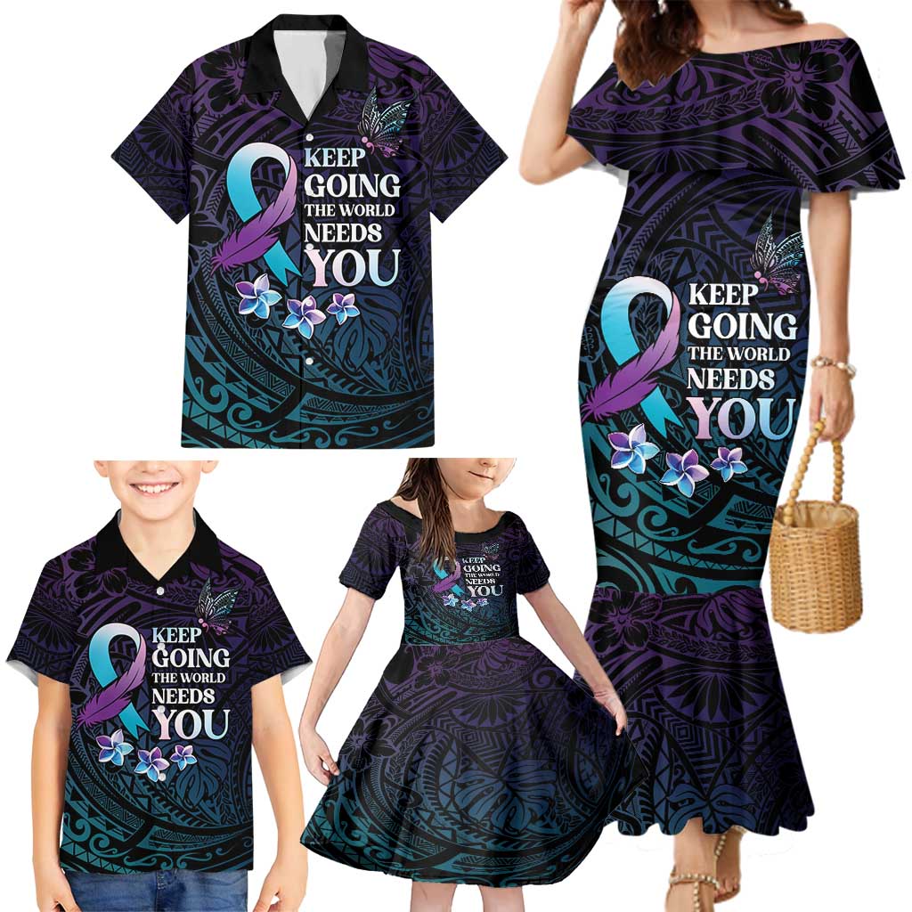Polynesia Suicide Prevention Awareness Family Matching Mermaid Dress and Hawaiian Shirt Keep Going The World Needs You