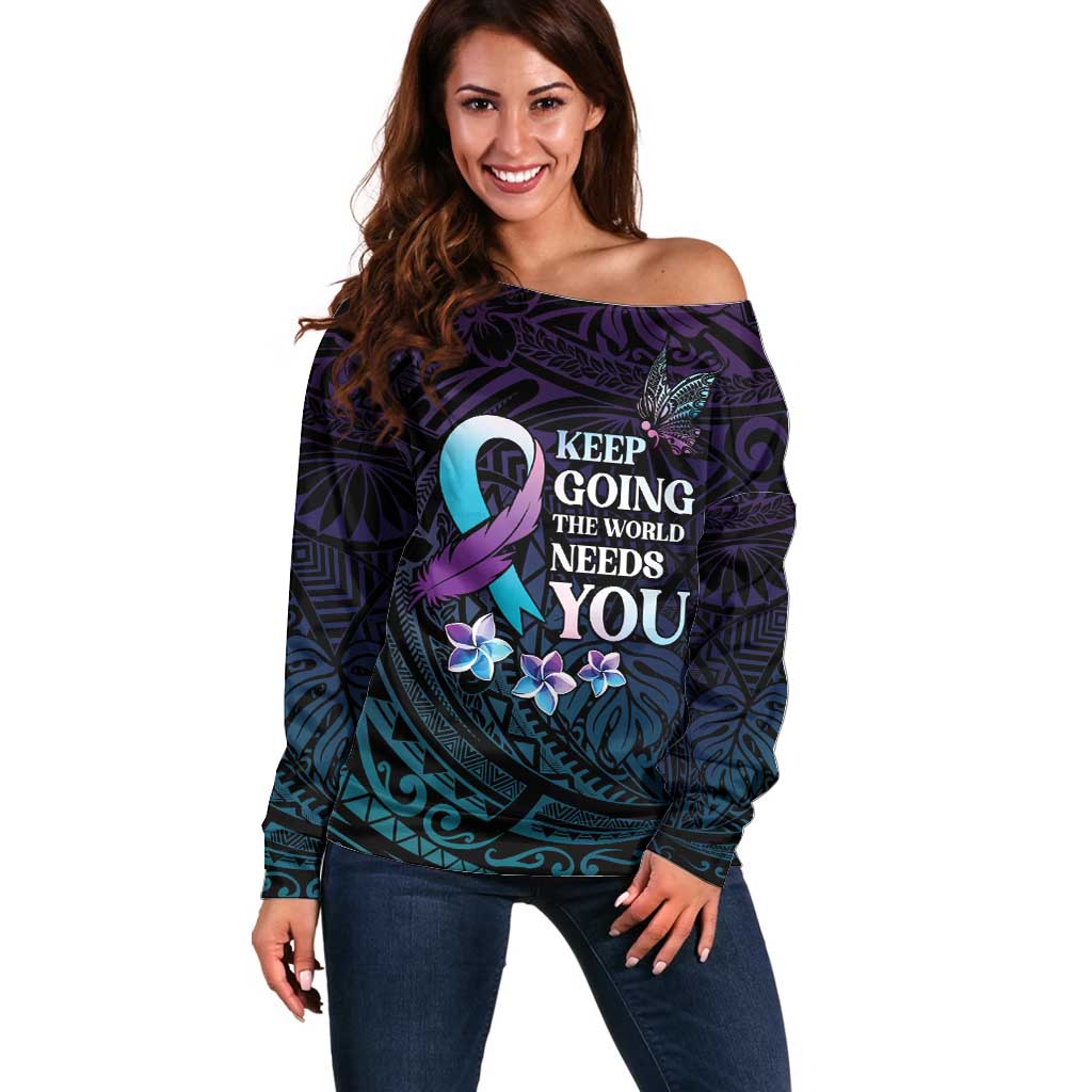 Polynesia Suicide Prevention Awareness Off Shoulder Sweater Keep Going The World Needs You