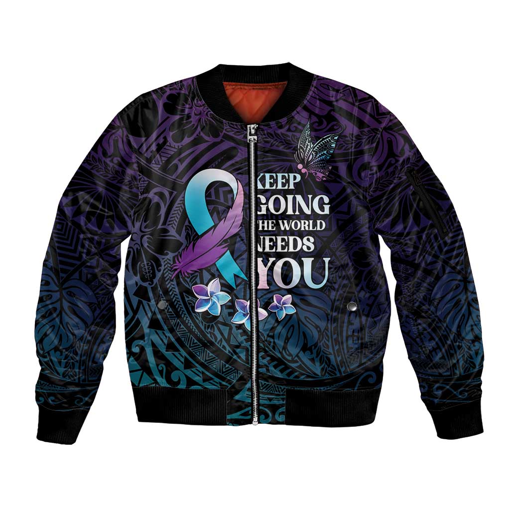 Polynesia Suicide Prevention Awareness Sleeve Zip Bomber Jacket Keep Going The World Needs You