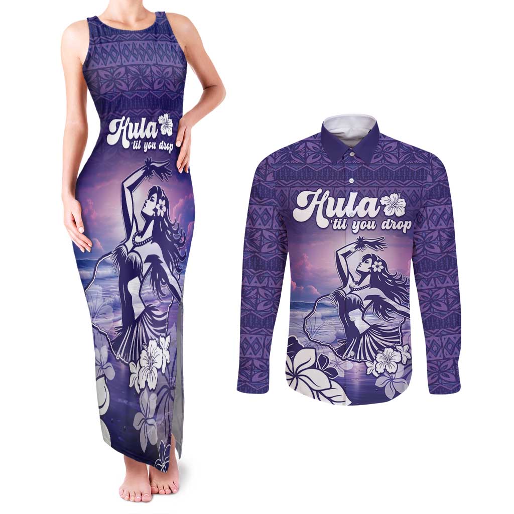 Aloha Hawaii Kauai Island Couples Matching Tank Maxi Dress and Long Sleeve Button Shirt Hula Till You Drop