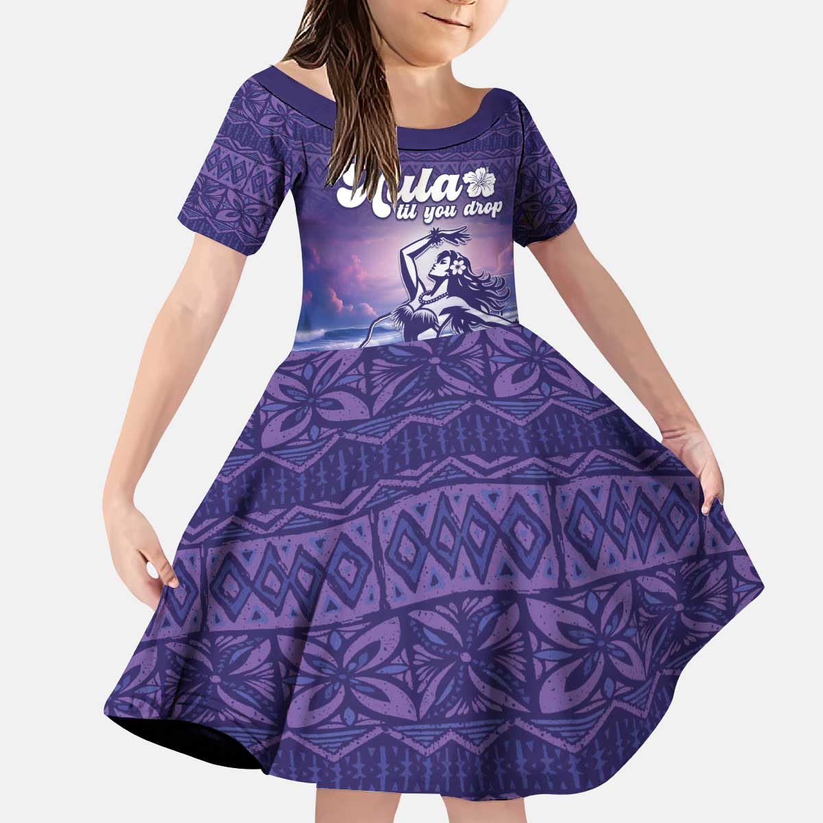 Aloha Hawaii Kauai Island Kid Short Sleeve Dress Hula Till You Drop LT05 KID Purple - Polynesian Pride