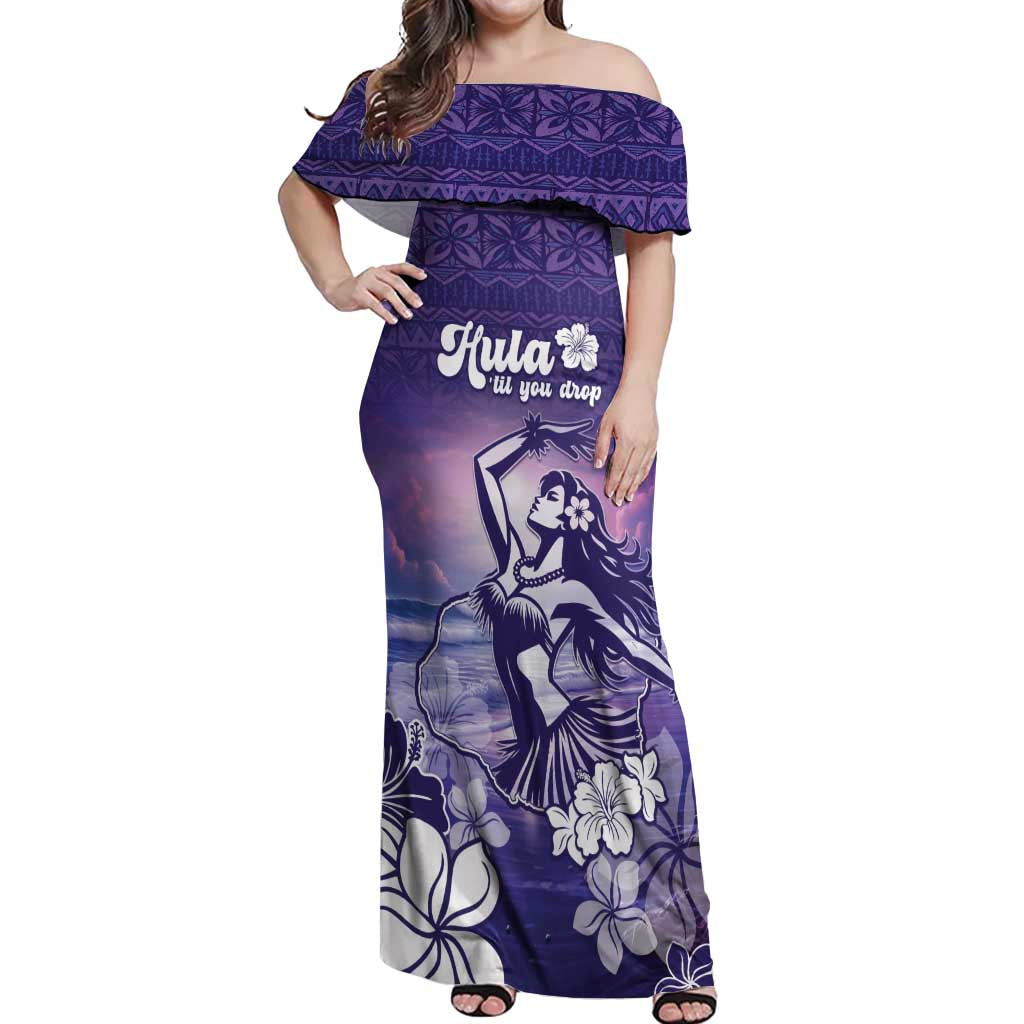 Aloha Hawaii Kauai Island Off Shoulder Maxi Dress Hula Till You Drop LT05 Women Purple - Polynesian Pride