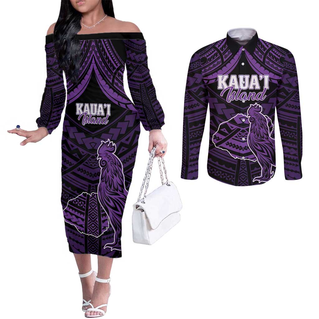 Personalised Hawaii Kauai Island Couples Matching Off The Shoulder Long Sleeve Dress and Long Sleeve Button Shirt Rooster Tribal Tattoo Simple Style