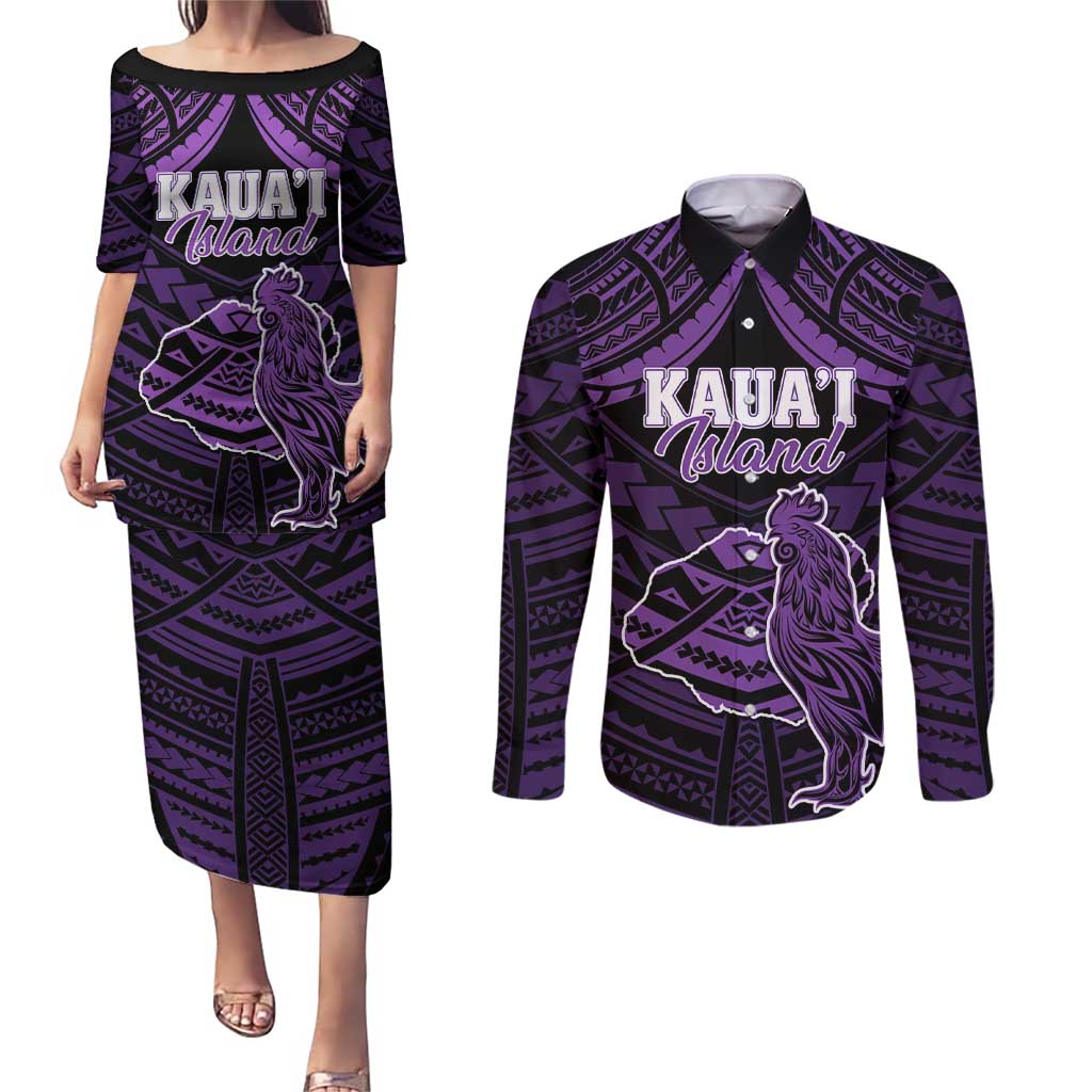 Personalised Hawaii Kauai Island Couples Matching Puletasi and Long Sleeve Button Shirt Rooster Tribal Tattoo Simple Style