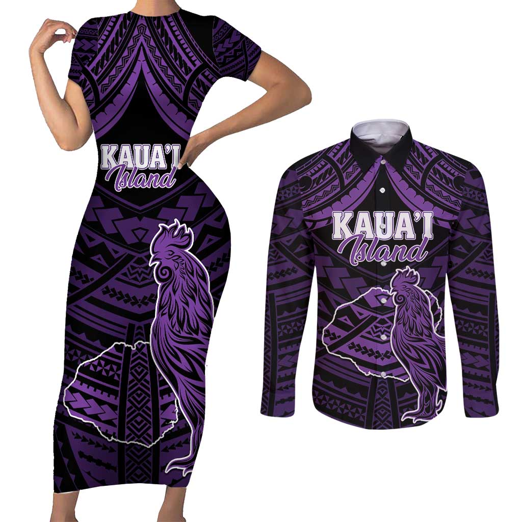 Personalised Hawaii Kauai Island Couples Matching Short Sleeve Bodycon Dress and Long Sleeve Button Shirt Rooster Tribal Tattoo Simple Style