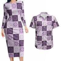 Lavender Manta Ray Hawaiian Quilt Motif Couples Matching Long Sleeve Bodycon Dress and Hawaiian Shirt