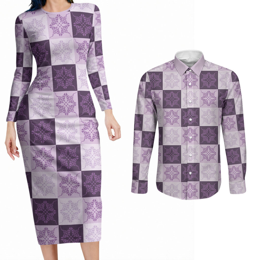 Lavender Manta Ray Hawaiian Quilt Motif Couples Matching Long Sleeve Bodycon Dress and Long Sleeve Button Shirt