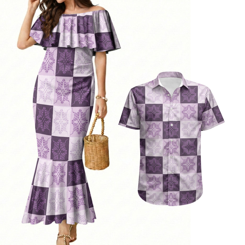 Lavender Manta Ray Hawaiian Quilt Motif Couples Matching Mermaid Dress and Hawaiian Shirt