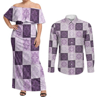Lavender Manta Ray Hawaiian Quilt Motif Couples Matching Off Shoulder Maxi Dress and Long Sleeve Button Shirt