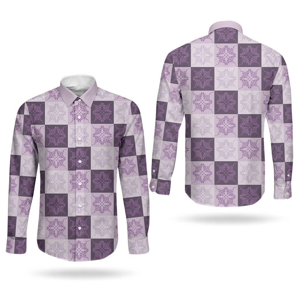 Lavender Manta Ray Hawaiian Quilt Motif Couples Matching Off Shoulder Maxi Dress and Long Sleeve Button Shirt