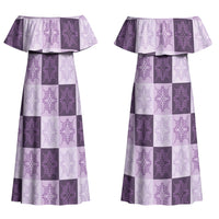 Lavender Manta Ray Hawaiian Quilt Motif Couples Matching Off Shoulder Maxi Dress and Long Sleeve Button Shirt