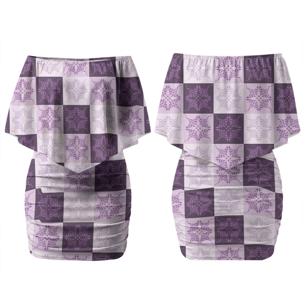 Lavender Manta Ray Hawaiian Quilt Motif Couples Matching Off Shoulder Short Dress and Hawaiian Shirt
