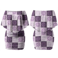 Lavender Manta Ray Hawaiian Quilt Motif Couples Matching Off Shoulder Short Dress and Hawaiian Shirt