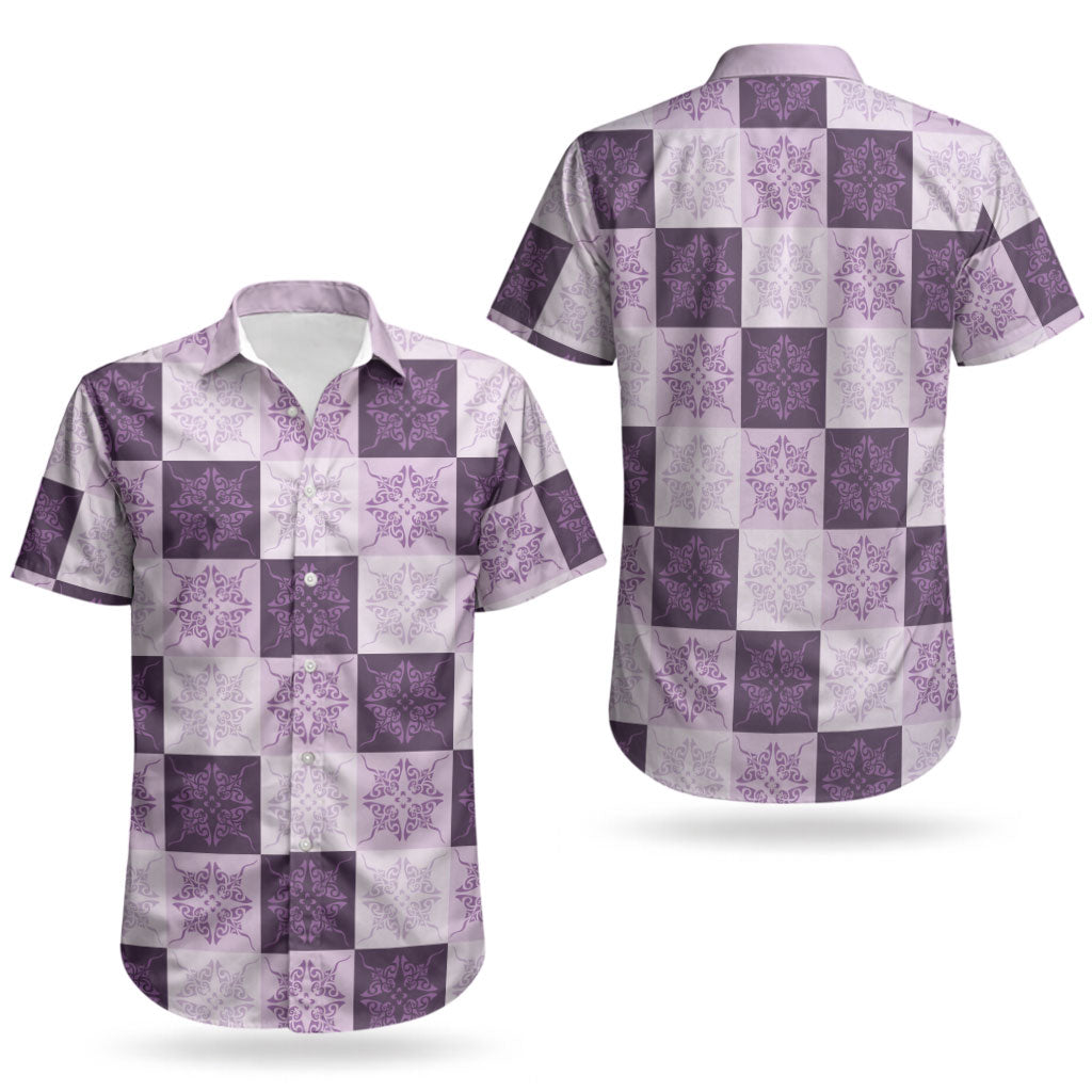 Lavender Manta Ray Hawaiian Quilt Motif Couples Matching Off Shoulder Short Dress and Hawaiian Shirt