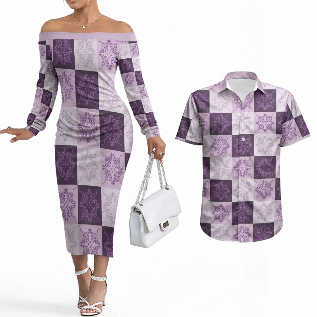 Lavender Manta Ray Hawaiian Quilt Motif Couples Matching Off The Shoulder Long Sleeve Dress and Hawaiian Shirt