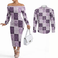 Lavender Manta Ray Hawaiian Quilt Motif Couples Matching Off The Shoulder Long Sleeve Dress and Long Sleeve Button Shirt