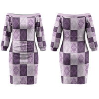 Lavender Manta Ray Hawaiian Quilt Motif Couples Matching Off The Shoulder Long Sleeve Dress and Long Sleeve Button Shirt