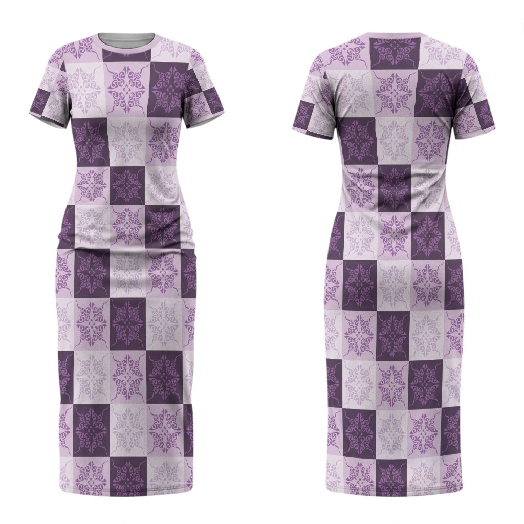 Lavender Manta Ray Hawaiian Quilt Motif Couples Matching Short Sleeve Bodycon Dress and Hawaiian Shirt
