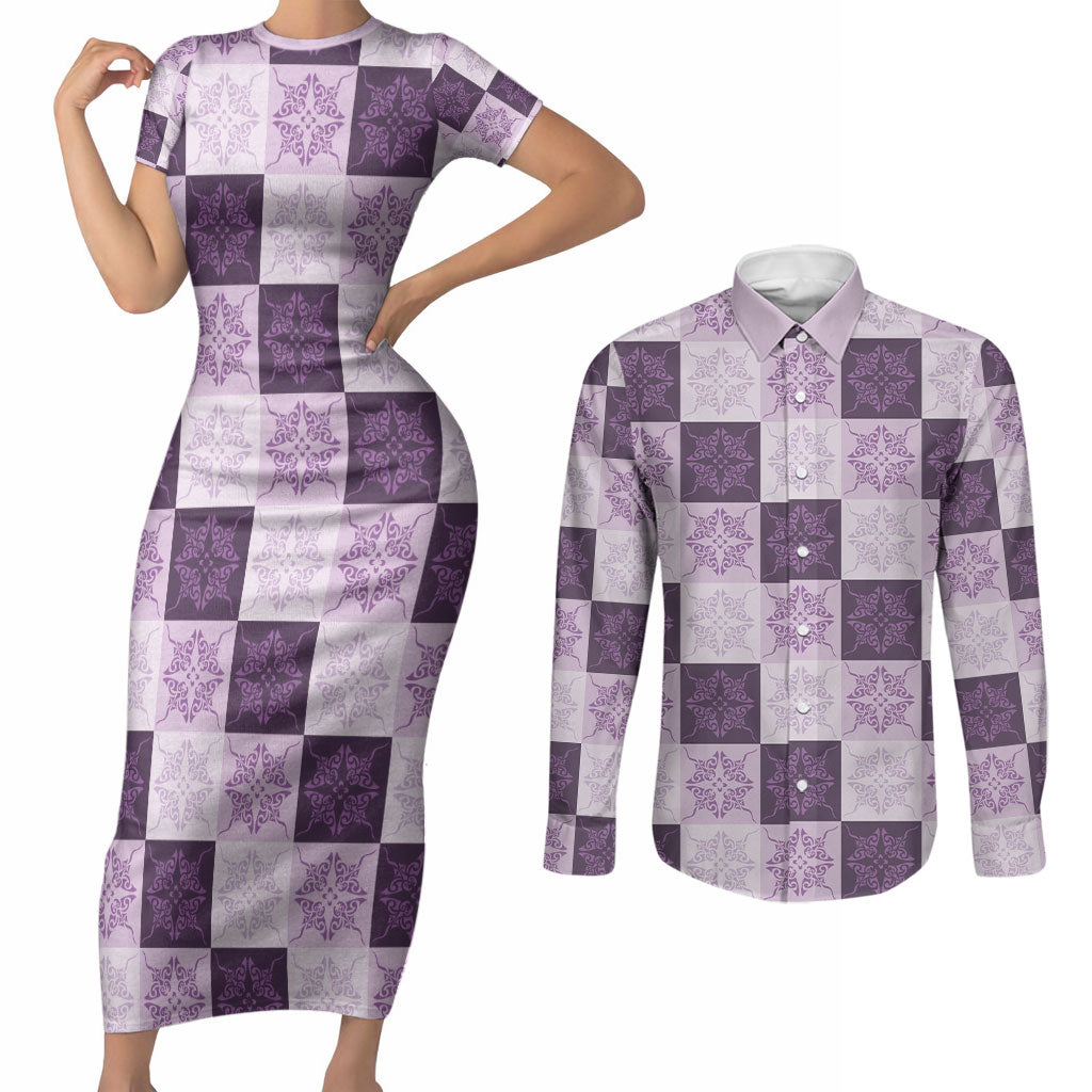 Lavender Manta Ray Hawaiian Quilt Motif Couples Matching Short Sleeve Bodycon Dress and Long Sleeve Button Shirt