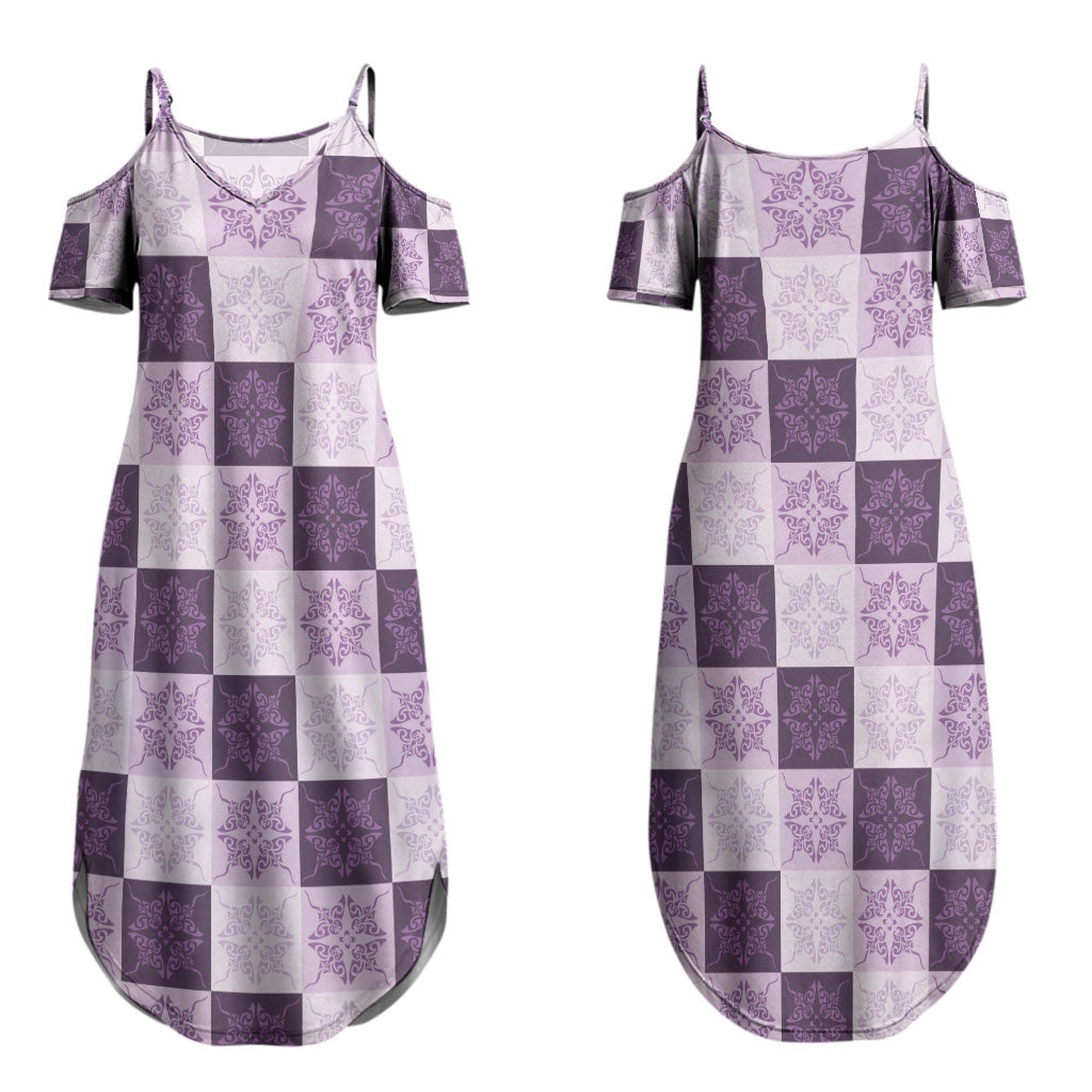 Lavender Manta Ray Hawaiian Quilt Motif Couples Matching Summer Maxi Dress and Long Sleeve Button Shirt