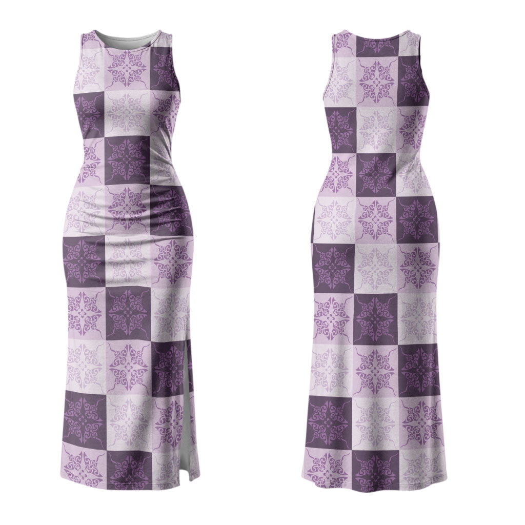 Lavender Manta Ray Hawaiian Quilt Motif Couples Matching Tank Maxi Dress and Hawaiian Shirt