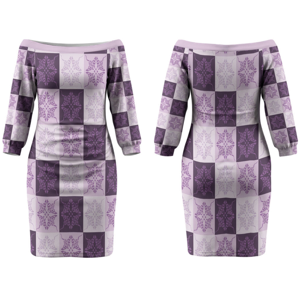 Lavender Manta Ray Hawaiian Quilt Motif Family Matching Off The Shoulder Long Sleeve Dress and Hawaiian Shirt