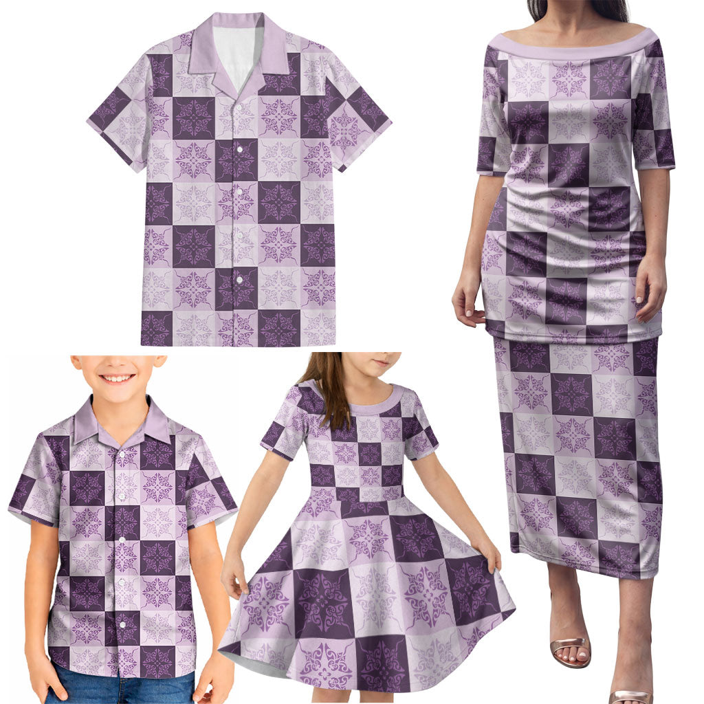 Lavender Manta Ray Hawaiian Quilt Motif Family Matching Puletasi and Hawaiian Shirt
