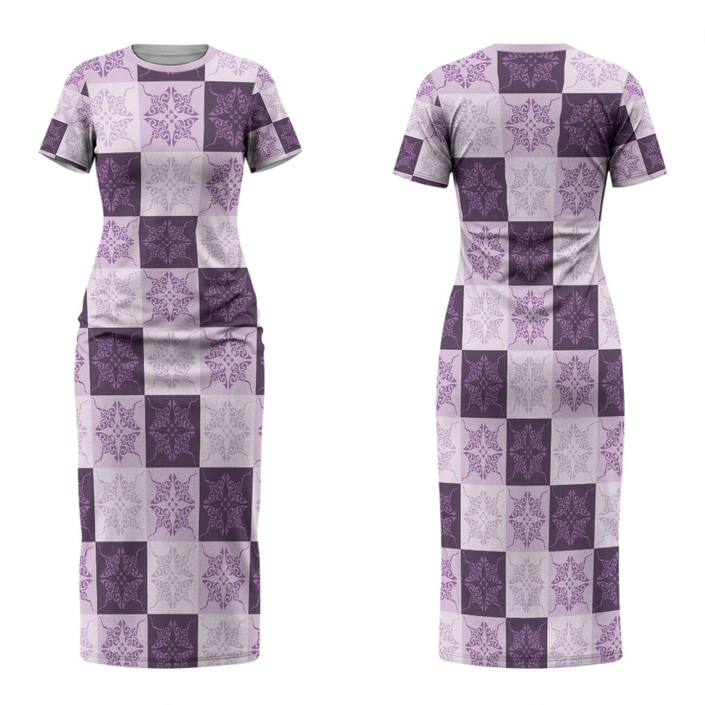 Lavender Manta Ray Hawaiian Quilt Motif Family Matching Short Sleeve Bodycon Dress and Hawaiian Shirt