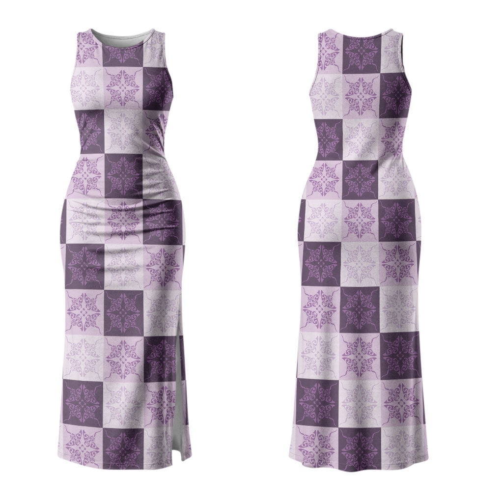 Lavender Manta Ray Hawaiian Quilt Motif Family Matching Tank Maxi Dress and Hawaiian Shirt