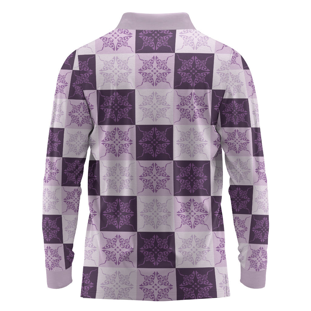 Lavender Manta Ray Hawaiian Quilt Motif Long Sleeve Polo Shirt