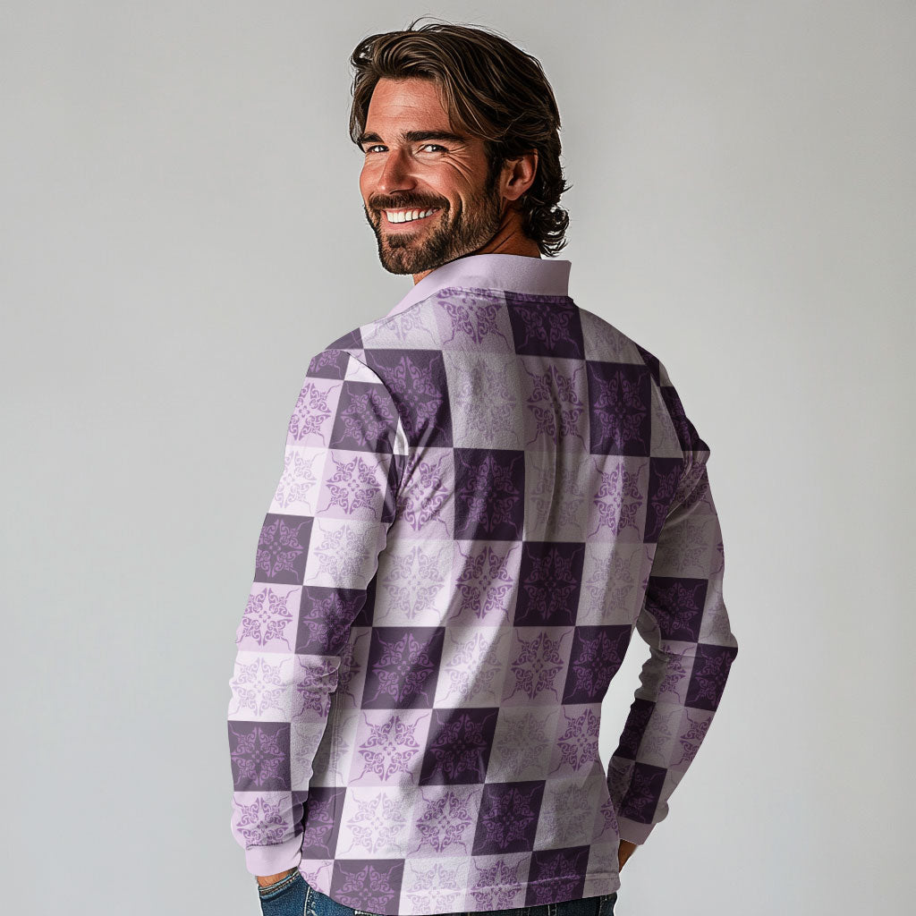 Lavender Manta Ray Hawaiian Quilt Motif Long Sleeve Polo Shirt