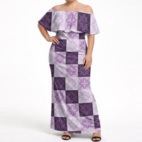 Lavender Manta Ray Hawaiian Quilt Motif Off Shoulder Maxi Dress