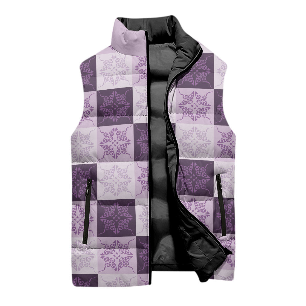 Lavender Manta Ray Hawaiian Quilt Motif Sleeveless Puffer Jacket